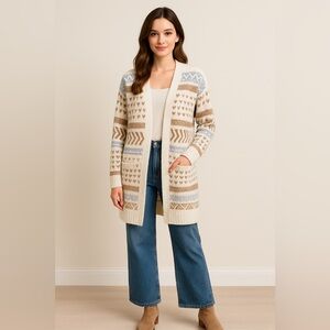 Pink Rose Fair Isle Knit Long Cardigan Sweater Blue‎ Brown White Size S